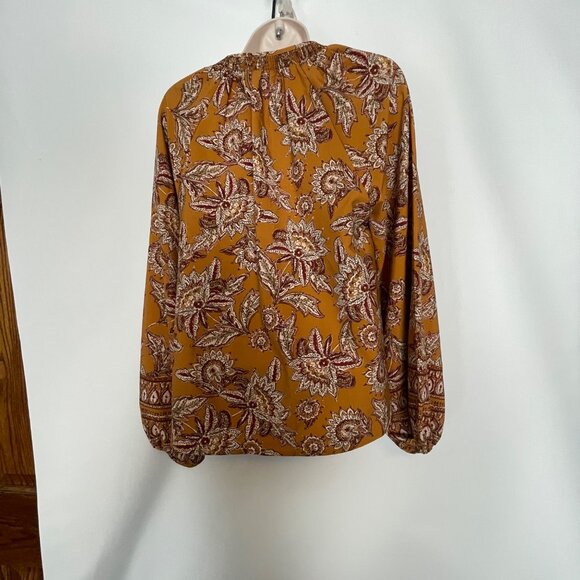 Evereve Womens Floral Print Boho Blouse M - Mustard Yellow Keyhole Neckline - Picture 6 of 9